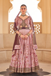 Exclusive latest Light pink designer Gown in pure pv silk and foil print with net dupatta detailed embroidery, hand and mirror work